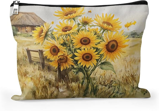Cafl Sunlit Barnyard Makeup Bag Sunflower Field Cosmetic Bag for Women Large Capacity Make Up Bag Portable Travel Toiletry Pouch Organizer 10 * 8inch
