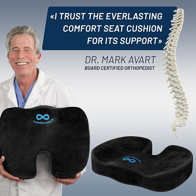 Everlasting Comfort Doctor Recommended Memory Foam Seat Cushion for Office Chairs & Car - Ergonomic Office Desk Accessories - Cushions for Tailbone Pain Relief, Sciatica (Black, X-Large)