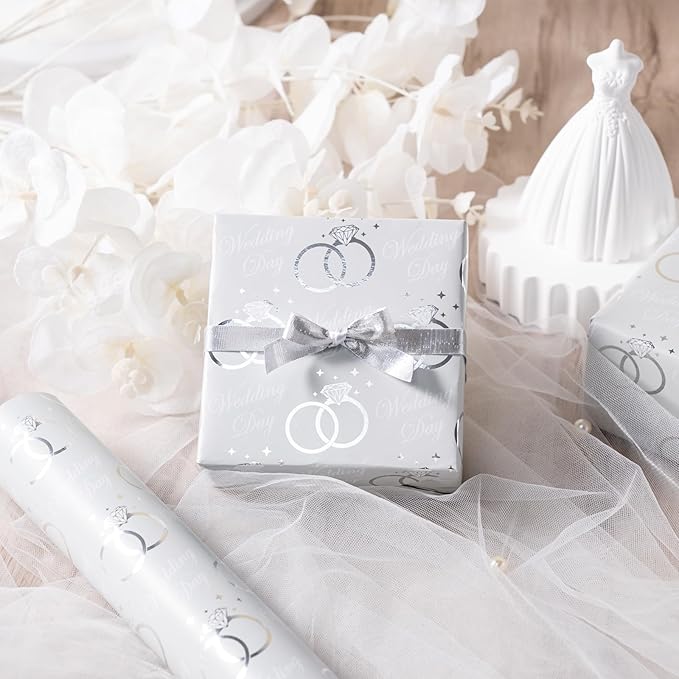 WRAPAHOLIC Wedding Wrapping Paper Roll - Mini Roll - 17 Inch x 33 Feet - Silver Foil Diamond Ring and Wedding Day Lettering Design Perfect for Wedding, Celebration, Party