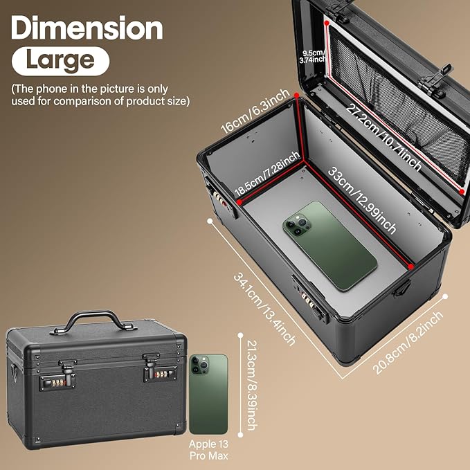 Large Lock Box - Security Combination Lock Box, Locking Storage Case for Personal Items and Medicine, Childproof Lockable Lockbox for Home/Office/School, 13.4x8.2x7.6 Inch, Black