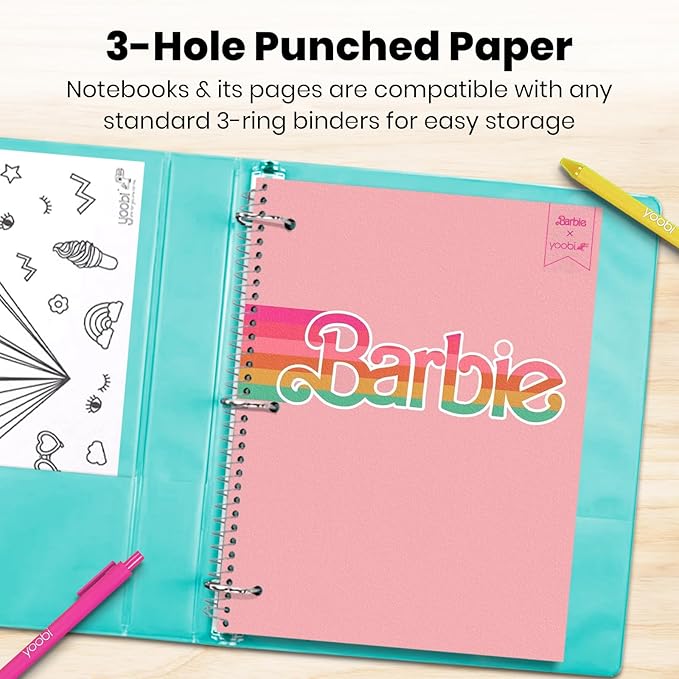 Yoobi Barbie X College Ruled Spiral Notebook Set – 3-Pack of 1 Subject Notebooks, Pink, Blue & Peach Barbie Designs – 100 Perforated 3-Hole Punched Sheets – 10.5” x 8”