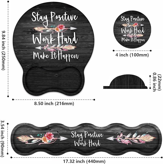 Keyboard Wrist Rest & Mouse Pad Wrist Support Set, Inspirational Quote Stay Positive Work Hard and Make It Happen Non-Slip Rubber PU Base for Home Office Working Studying Easy Typing & Pain Relief