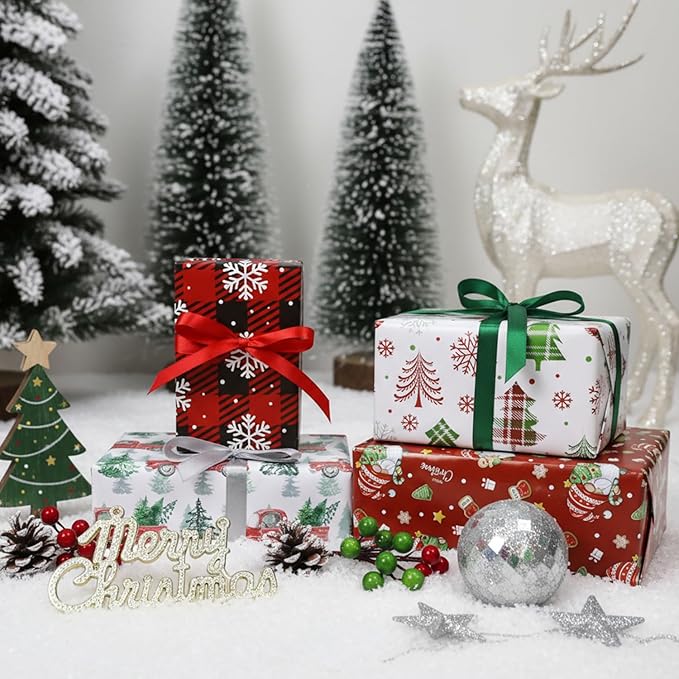 ZDSPIDE Christmas Wrapping Paper Set for Kids & Adults – 12 Folded Sheets (19.7" x 27.5"), 4 Festive Designs Featuring Christmas Tree, Red Truck, Gnome & Snowflake Scene