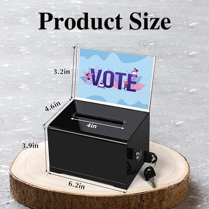VOISEN Acrylic Donation Box with Lock, 3 Pack Black Ballot Box with Sign Holder, Tip Jar for Fundraising, Donation, Bar, School Voting, 6.2x4.6x3.9 Inch