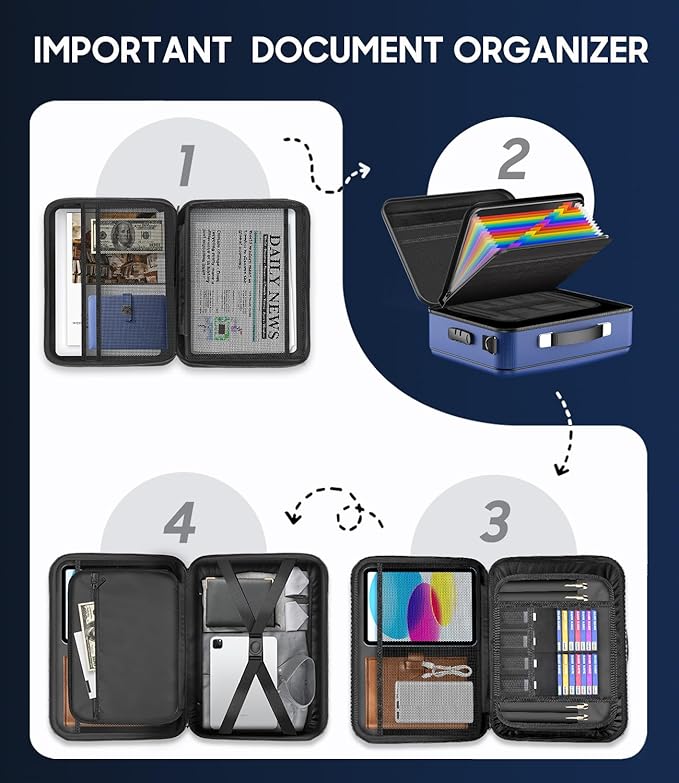 Fireproof Document Box with Lock, Hard-Shell Fireproof Safe for Home Documents, Portable Travel Fire Proof File Box for Passport Laptop Certificates, Navy Blue