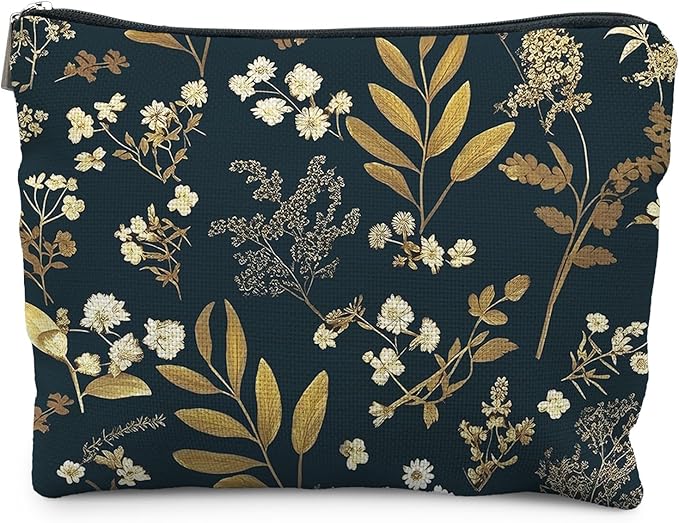 Vintage Boho Floral Makeup Bag, Dark Moody Wildflowers Floral Cosmetic Bags for Women, Dark Cottagecore Botanical Plant Zipper Makeup Pouch