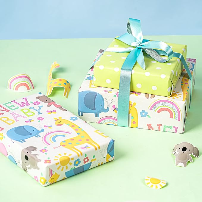 WRAPAHOLIC Reversible Baby Shower Wrapping Paper - Mini Roll - 17 Inch x 33 Feet - Animals & New Baby Design for Neutral Baby Shower, Boys Girls Kids Birthday
