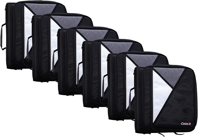 Case-it The Universal Zipper Binder - 2 Inch O-Rings - Padded Pocket Holds up to 13 Inch Laptop/Tablet - Multiple Pockets - 400 Page Capacity - Comes with Shoulder Strap - Jet Black LT-007 (6 Pack)