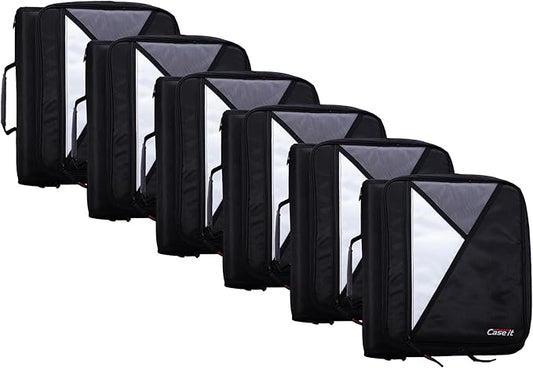 Case-it The Universal Zipper Binder - 2 Inch O-Rings - Padded Pocket Holds up to 13 Inch Laptop/Tablet - Multiple Pockets - 400 Page Capacity - Comes with Shoulder Strap - Jet Black LT-007 (6 Pack)