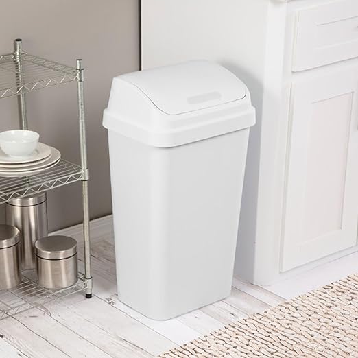 Sterilite 12-Pack Swing Top Wastebasket, Sleek Square Profile Trash Can, 13 Gallon, White - Modern Garbage Bin for Kitchen, Bathroom, Garage and Workspace, Fits 13 Gal Liners