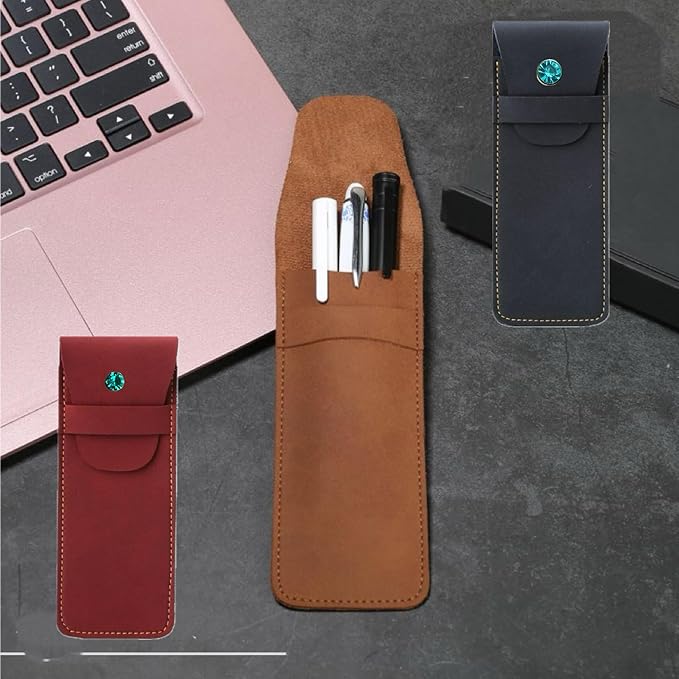Handmade Leather Pen Case Set - 5 - Pack with Artificial Sapphire Inlay, Multi - Color Pen Sleeves for Fountain Pens & Markers (red)