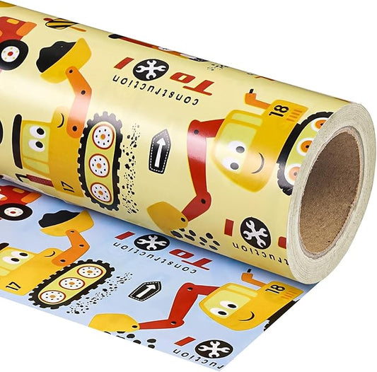 WRAPAHOLIC Reversible Construction Wrapping Paper - Mini Roll - 17 Inch x 33 Feet - Yellow and Blue Digger Tractor Truck Wrapping Paper for Kids Boys Birthday, Baby Shower