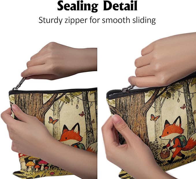 Cafl Fox Forest Mushrooms Makeup Bag Cartoon Cosmetic Bag for Women Large Capacity Make Up Bag Portable Travel Toiletry Pouch Organizer 10 * 8inch