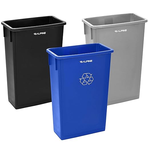 Alpine 23 Gallon Slim Recycling & Trash Bin Set – 3-Pack Blue/Black/Grey Plastic Narrow Open-Top Garbage Cans for Office, Home, School & Commercial Use