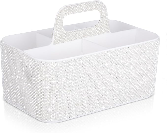 Marspark Bling Makeup Caddy Organizer with Handle, Sparkly Art Craft Holder, Glitter Bathroom Hair Caddy, Shimmer Pen Pencil Holder for Women Desk Organizer, Bling Gifts for Women(White,Pearl Diamond)
