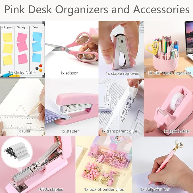 Office Supplies,Desk Accessories,with Stapler,Tape Dispenser,Staple Remover,Scissor,Ballpoint Pen,Sticky Notes,Clear Tape,Staples,Desk Organizer,Ruler,Binder,Best Gift Set(Pink)