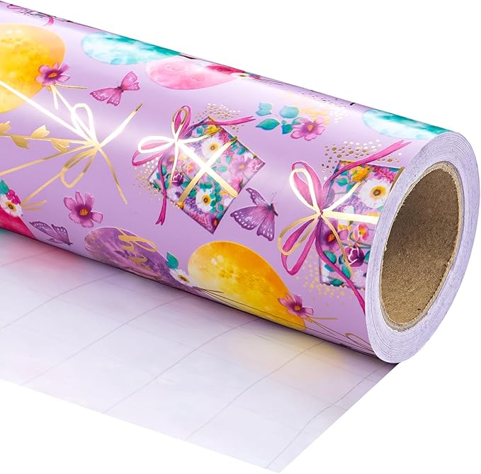 WRAPAHOLIC Purple Birthday Wrapping Paper - Mini Roll - 17 Inch x 16.5 Feet - Gold Foil Fantasy Purple Happy Birthday Paper for Kids, Girls, Women, Wedding, Bridal Shower