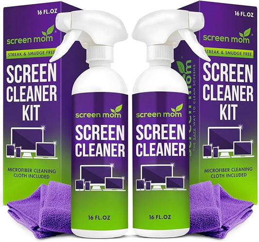 Screen Mom Screen Cleaner Spray and Microfiber Cloth 2-Pack (2x16oz) Screen Cleaner Spray and Wipe for TV, Computer, Phone, iPad, Car Screen Cleaning Kit Electronic Cleaner Spray