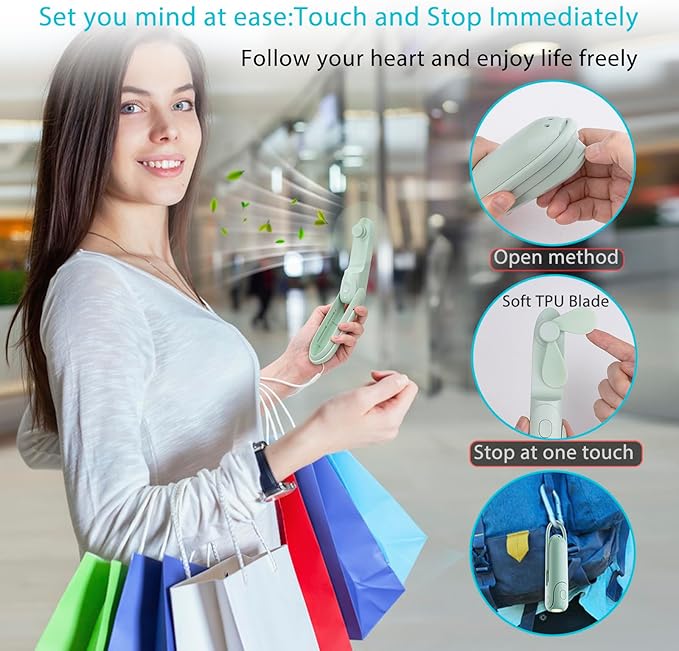 Mini Portable Fan Rechargeable Handheld Fan 2000mAh Battery 3 Speed Quiet Personal Fan, 6 IN 1 Bullet Shape with Flashlight (Green)