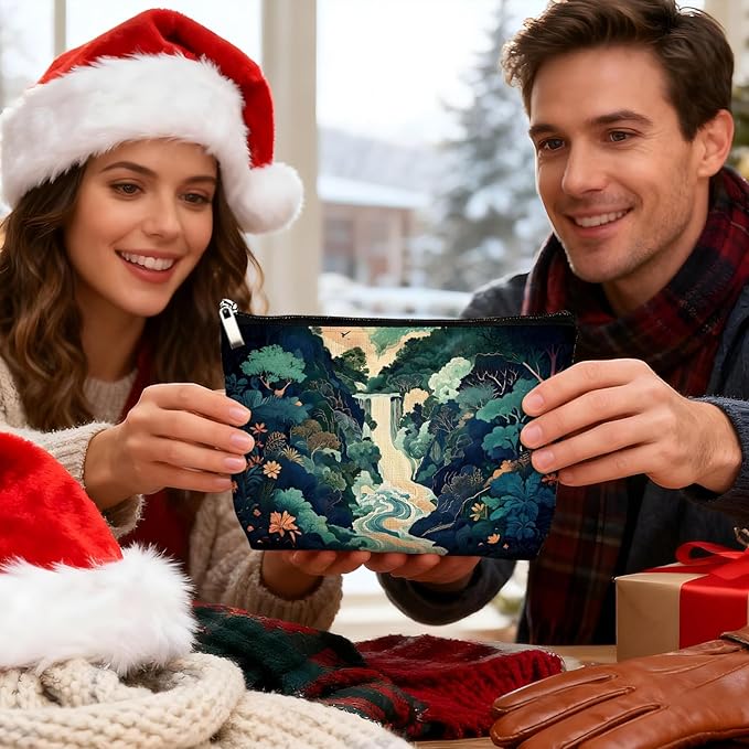 Blue Green Waterfall Japanese Makeup Bag, Traditional Japandi Hokusai Cosmetic Bag for Women, Japanese Ukiyo-e Art Landscape Small Toiletry Bags Zipper Makeup Pouch