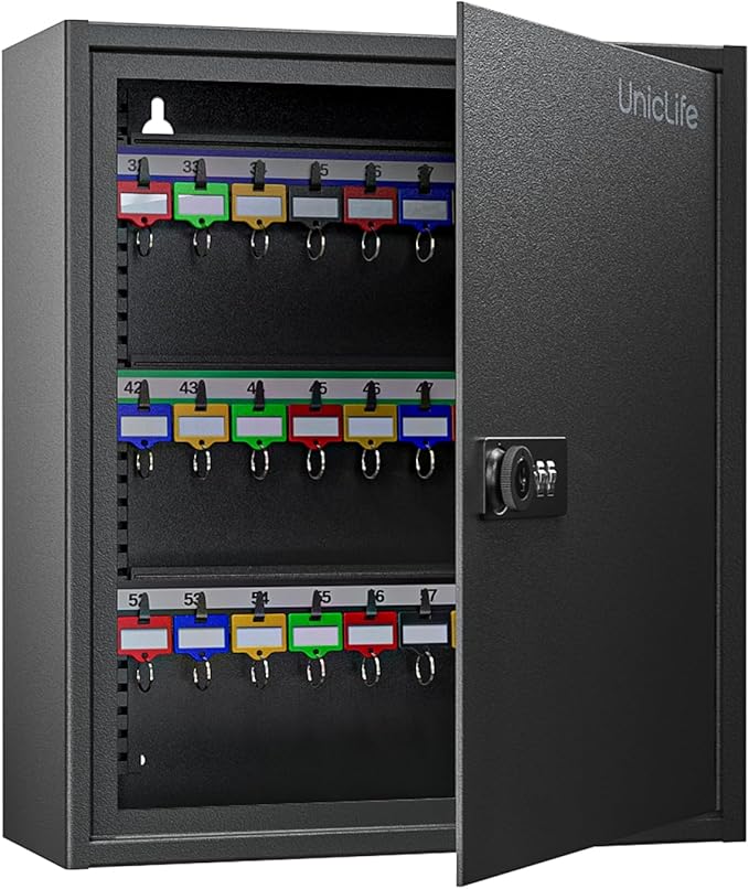 Uniclife 60 Position Key Cabinet Steel Security Storage Box with Combination & Key Lock, Resettable, Digital, Adjustable Racks, Colorful Labels & Hooks