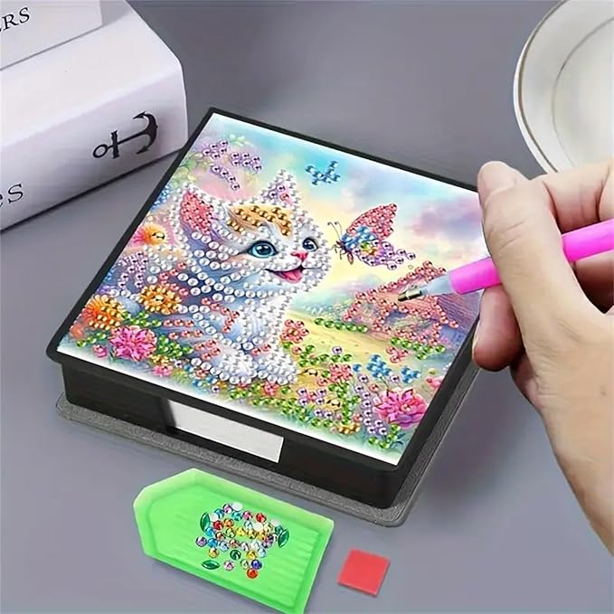 Cat Diamond Painting Kit Note Box,Animal Memo Paper Storage Box Diamond Art,Sticky Note Holder Diamond Art,Diamond Painting Memo Pad for Office Desk. (Cat)