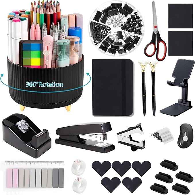Office Supplies,Desk Accessories,with Stapler, Tape Dispenser,Desk Organizer,Folding Phone Holder,Pen,Journal Notebook,Scissor,Staple Remover,Staples,Clear Tape,Sticky Notes,Paper Clips,Bookmark,Ect