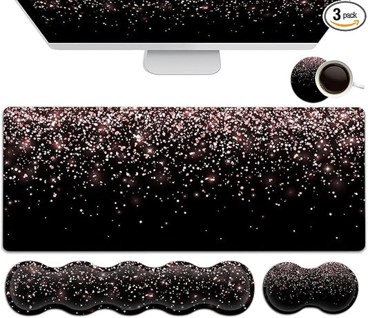 Large Gaming Mouse Pad Memory Foam Keyboard Wrist Rest, Extended Office Desk Mat, Office Desk Pad with Stitched Edges, Laptop Desk Table Protector Rose Gold Glitter Black Writing Mat