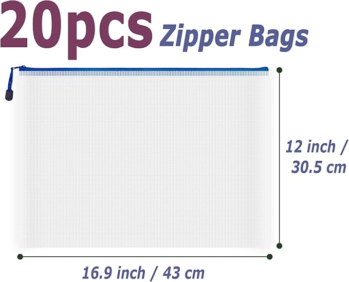 AUSTARK 20 Pcs Zipper File Bags, Plastic Mesh Pouch, Board Game Storage Bag, Waterproof Bags for Office School (A3 Size 16.9''x12'', White and Blue)