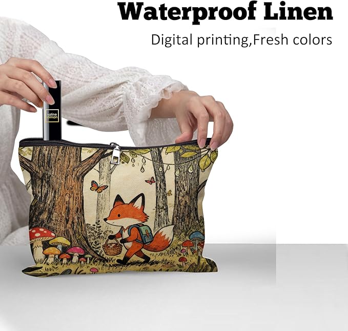 Cafl Fox Forest Mushrooms Makeup Bag Cartoon Cosmetic Bag for Women Large Capacity Make Up Bag Portable Travel Toiletry Pouch Organizer 10 * 8inch
