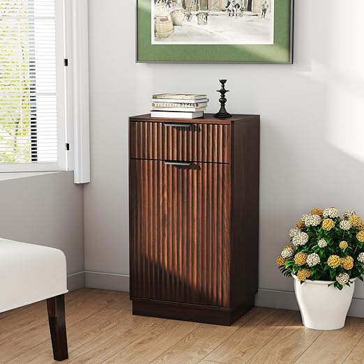 10-Gallon Wooden Tilt-Out Trash Cabinet Free Standing - Recycling Bin with Hideaway Drawer for Kitchen, Bathroom, Living Room (Walnut, Small)