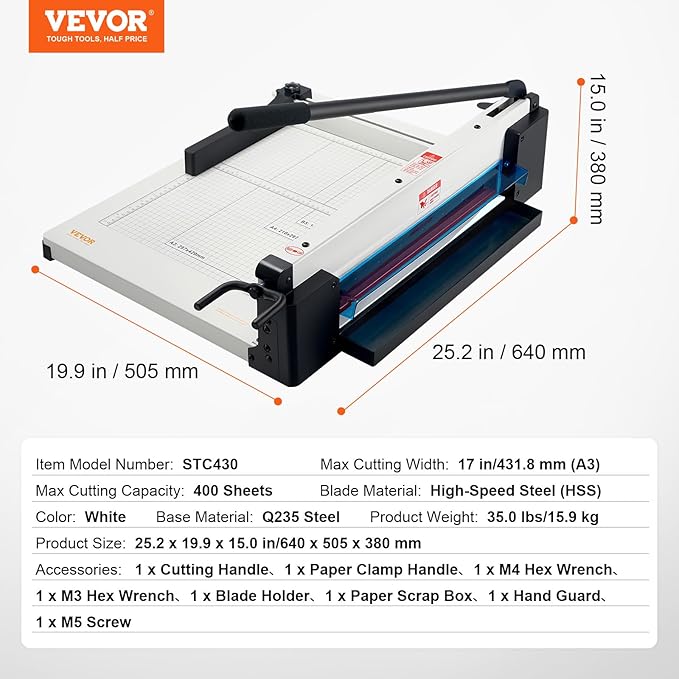 VEVOR Industrial Paper Cutter A3 Heavy Duty Paper Cutter 17 Inch Paper Cutter Heavy Duty 500 Sheets Paper with Clear Cutting Guide for Offices, Schools, Businesses and Printing Shops