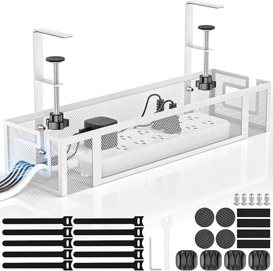 Under Desk Cable Management Tray - GZOKMOG No Drill Cord Organizer with Clamp, Reinforced Metal Mesh Workspace Organizers for Wire, Office Desk Accessories, 1 Pack White, 15.75 inch