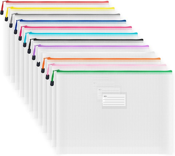 AUSTARK Plastic Mesh Zipper Pouch, 12Pcs Zipper File Bags with Label Pocket, A3 Size 16.9x12in, White