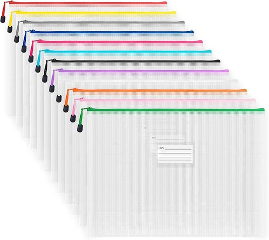 AUSTARK Plastic Mesh Zipper Pouch, 12Pcs Zipper File Bags with Label Pocket, A3 Size 16.9x12in, White