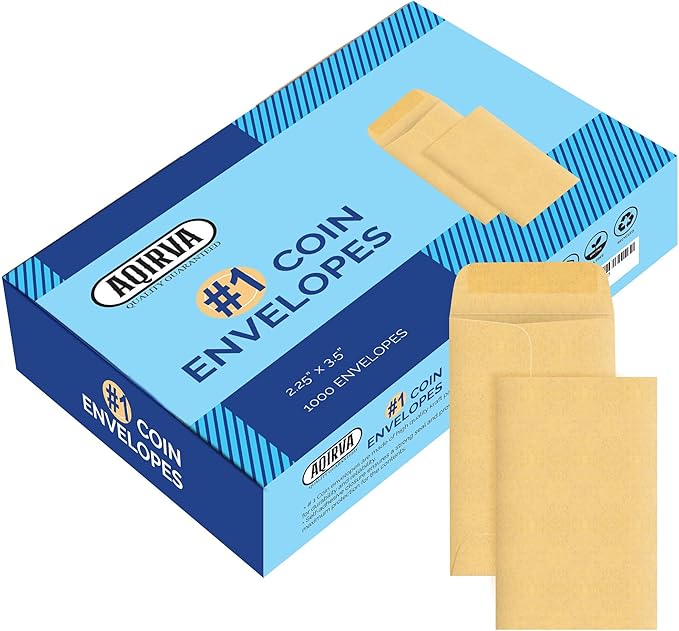 #1 Coin Envelopes 1000 Pcs - 2.25×3.5 Inches – Thick & Heavy-Duty Gummed Flapped Kraft Envelopes – Perfect for Coins, Money, Seeds, Home, Office, Wedding & Pocket Use