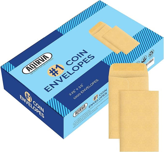 #1 Coin Envelopes 1000 Pcs - 2.25×3.5 Inches – Thick & Heavy-Duty Gummed Flapped Kraft Envelopes – Perfect for Coins, Money, Seeds, Home, Office, Wedding & Pocket Use
