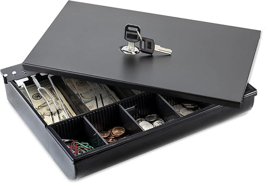 Volcora Cash Drawer Tray with Locking Cover - 11.7 x 10.3 x 2.3 Inch Metal Cash Lock Box with Lid - 4 Bill/5 Coin Money Organizer for Volocara 13" Fully-Removable Cash Drawers - For Business Use