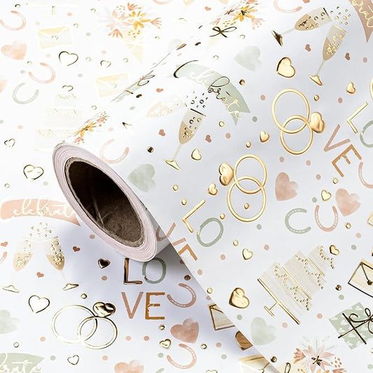 WRAPAHOLIC Wedding Wrapping Paper Roll - Mini Roll - 17 Inch x 16.5 Feet - Luxury and Elegance Wedding Theme with Gold Foil Wrapping Paper Perfect for Bridal Shower, Celebration, Party
