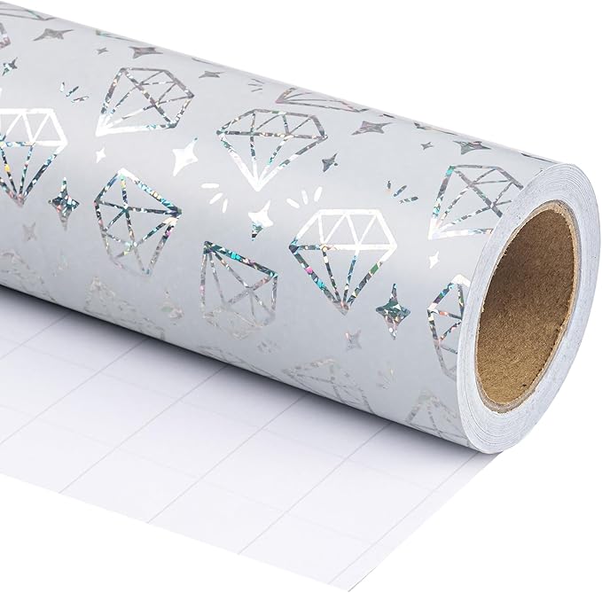 WRAPAHOLIC Wrapping Paper Roll - Mini Roll - 17 Inch x 33 Feet - Silver Diamond Design with Metallic Foil Shine for Birthday, Party, Baby Shower