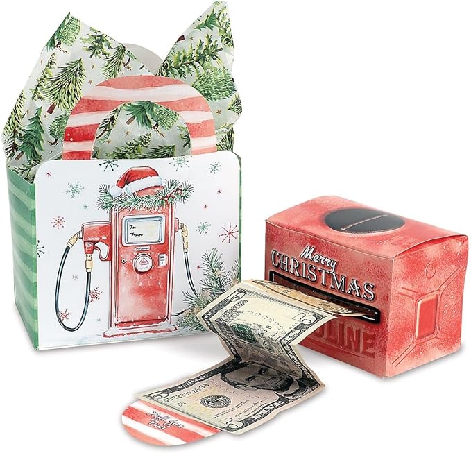 Current Gas Money Christmas Money Dispenser and Gift Bag Set, 2-1/2 x 3-Inch Bill Holders with 3 x 6-1/2 x 9-Inch Gift Bag, Fun Holiday Cash Box for Kids, Includes 60 Seals to Join Each Bill