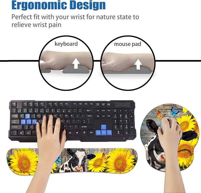 Keyboard Wrist Rest and Mouse Pad Wrist Support Set with Coasters, Ergonomic Gaming Mousepad Non-Slip PU Base for Home Office Working Studying Easy Typing & Pain Relief - Sunflowers and Cow