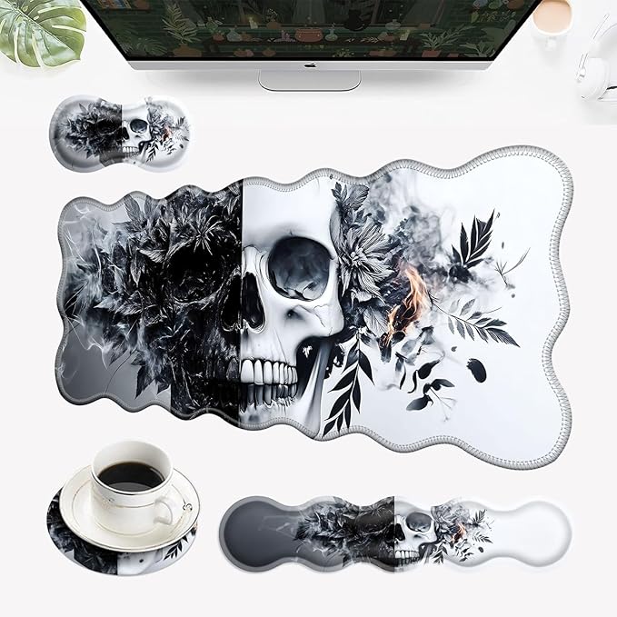Desk Mat, Mouse Pad with Wrist Rest, 4-in-1 Large Mouse Pads for Desk, Ergonomic Mouse Pad and Keyboard Wrist Rest Gaming Keyboard Mat for Office,Funny Skull