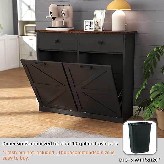 Double Tilt Out Trash Cabinet 20 Gallon Wooden Free Standing - Pet Proof Recycling Bin with Hideaway Drawer for Kitchen, Bathroom, Living Room (Black, Large)