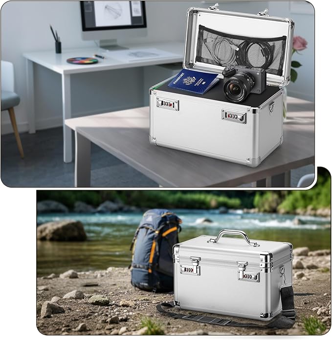 Large Lock Box - 15.1x8.7x9.4 Inch Lockable Security Storage Case with Combination Lock, Locking Medicine Box for Personal Items, Passports and Pills, Lockbox for Home Office, Silver