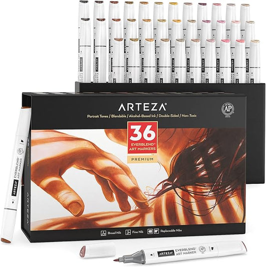 ARTEZA Alcohol Markers – Set of 36 Portrait & Skin Tone EverBlend Dual Tip Markers with Fine and Chisel Nibs and Organizer Box for Drawing