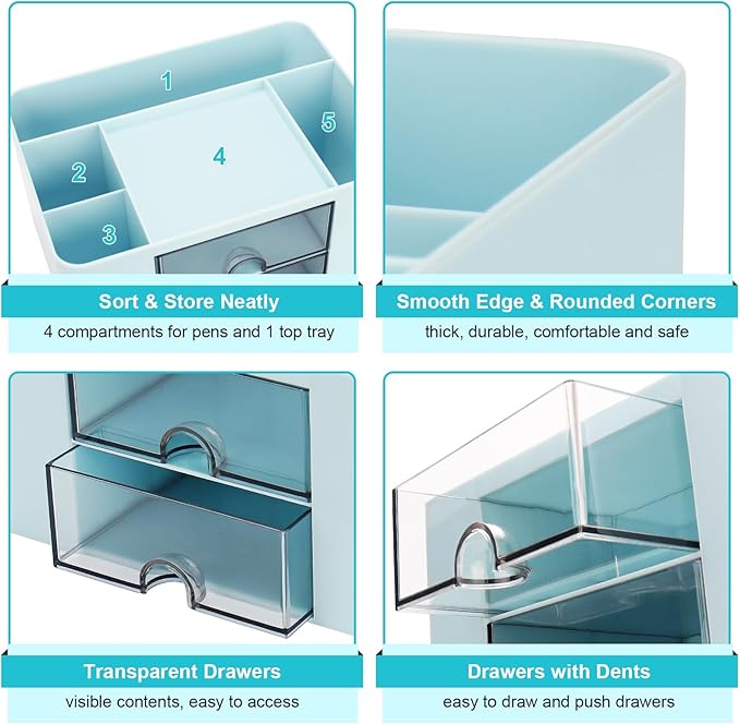 Plastic Pen Organizer, Multifunctional Desk Organizer with 2 Drawers, 4 Compartments & a Top Tray, Pencil Holder Desktop Organizers and Accessories for Office, 7.7" x 5.5" x 3.9" (Blue)