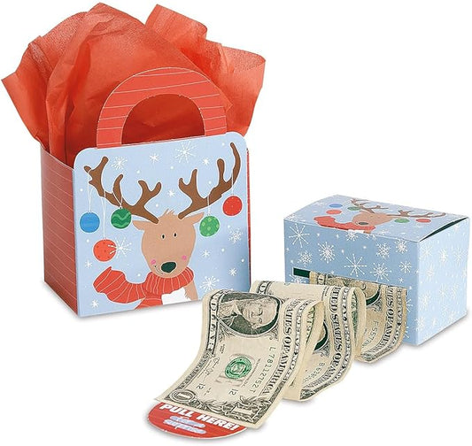 Current Reindeer Christmas Money Dispenser and Gift Bag Set, 2-1/2 x 3-Inch Bill Holders with 3 x 6-1/2 x 9-Inch Gift Bag, Fun Holiday Cash Box for Kids, Includes 60 Seals to Join Each Bill