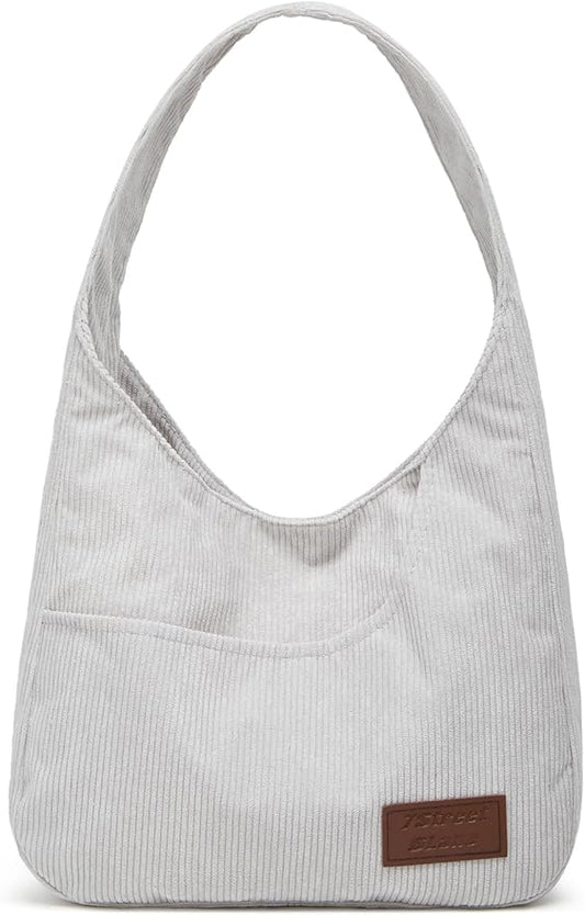 Corduroy Tote Bag Unisex Retro Handbag Multi Pocket Shoulder Work College Satchel Compartment Messenger Purse