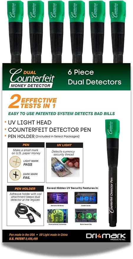 Dri Mark Dual Test Counterfeit Money Detector Pen, UV Light 6 Pack - Fake Money Bill Checker, Tests for Security Strips and Authentic Currency Paper, 6 UV Light/Pens
